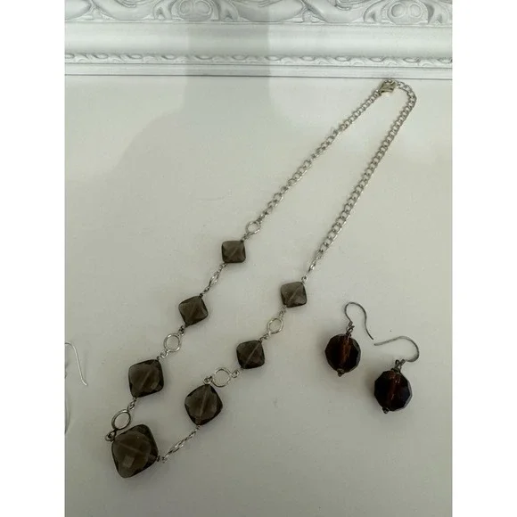 Smoky Quartz Sterling Silver Necklace Earrings  Jewelry Tigers Eye .925 - Picture 5 of 5